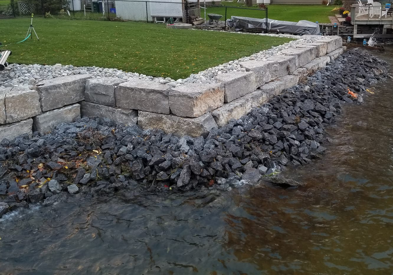 Block wall protecting a shoreline
